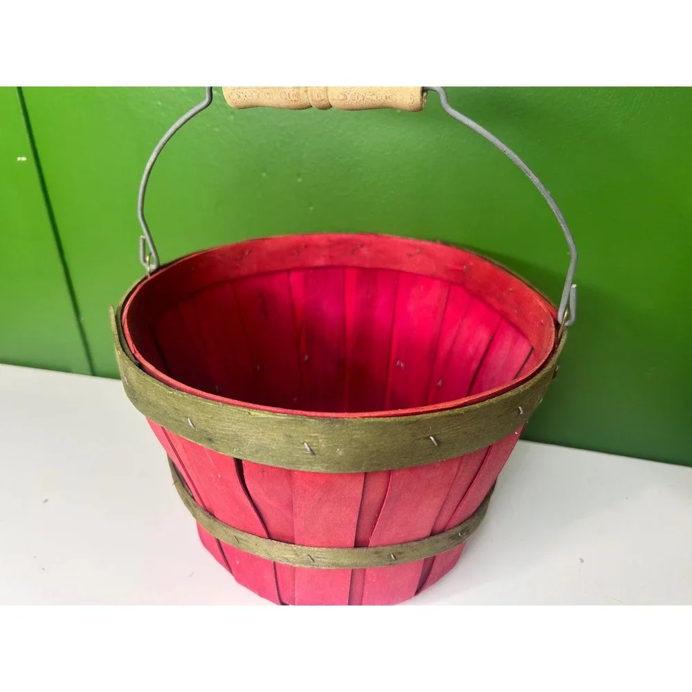Vintage Red and Green Woven Wood Bushel Basket with Wire Handle Farmhouse Decor